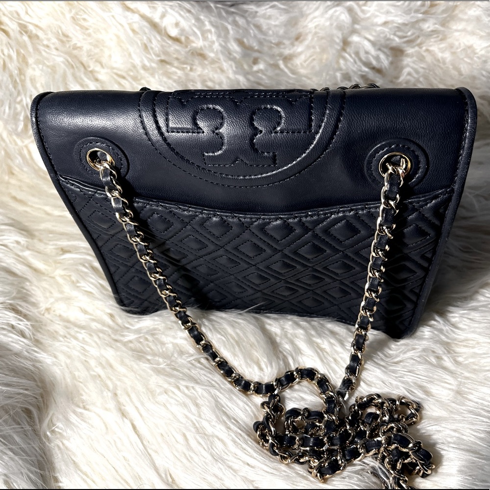 Authentic Tory Burch Fleming Navy quilted lambskin chain bag.